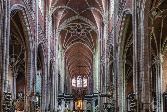 Interior and main nave of St Bavo's Cathedral, Ghent, Belgium